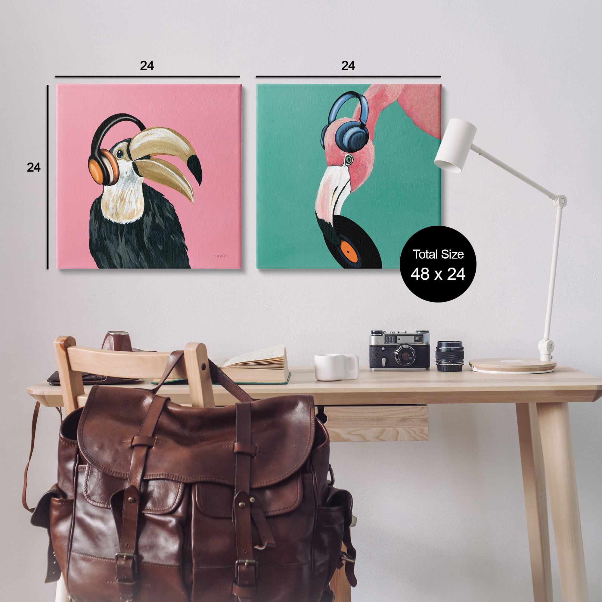 Stupell Industries Toucan and Flamingo Musical Pals Animals Painting Wrapped Canvas Art Print Wall Art, 24 x 24, Set of 2
