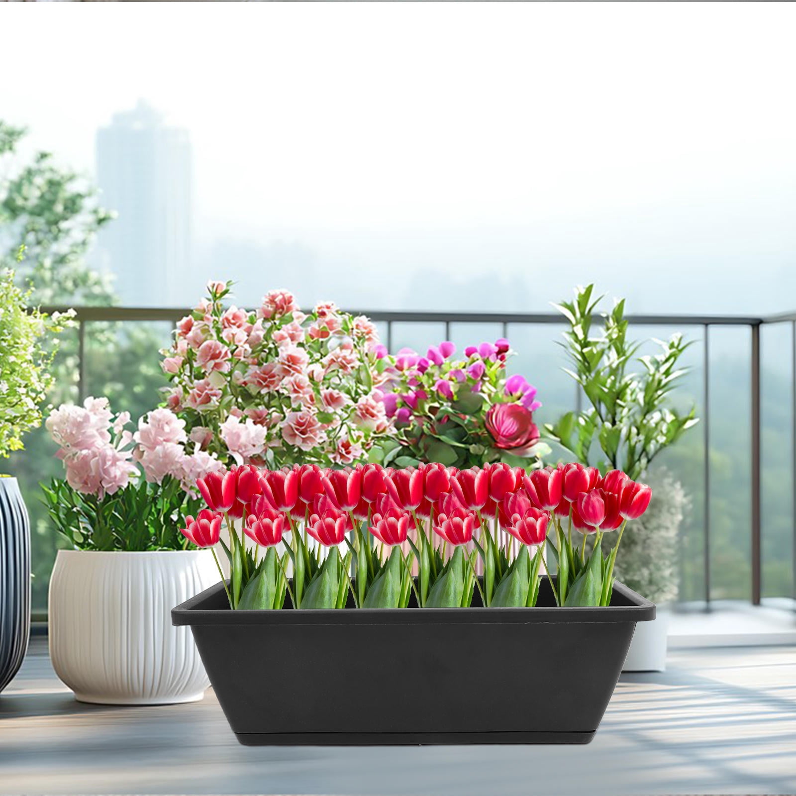 PTOOTP Set of 6 Black Plastic Window Planter Boxes for Indoor and Outdoor Gardening and Decorative Use