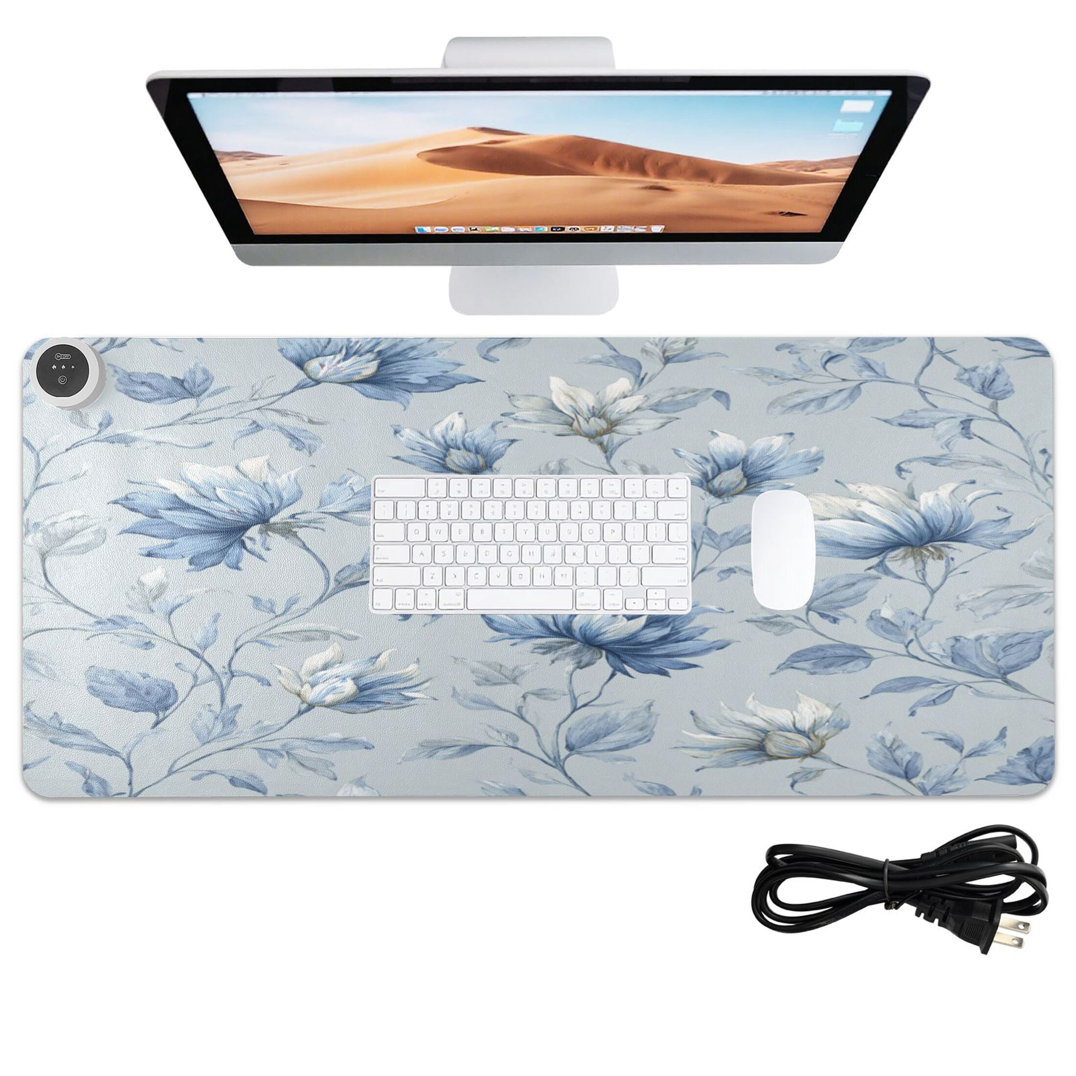 Large Heated Desk Mat Mouse Pad 31.5"x13"PU Leather Graphene Heating Desk Warmer with 3 Temperature Settings 110V US Plug Non-Slip Warm Pad for Home, Office, and Gaming Exquisite Blue Peony Design