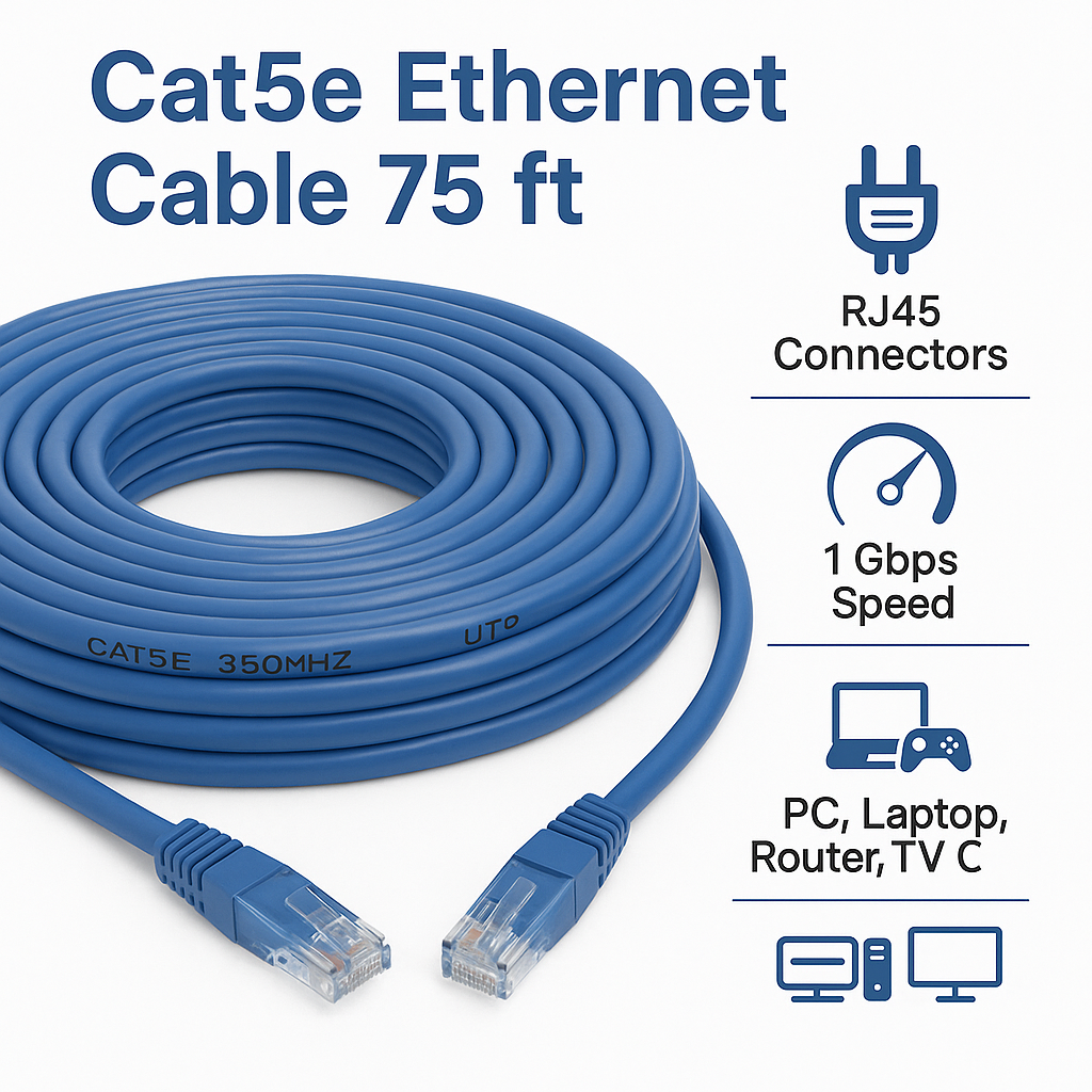 75ft Cat5e Ethernet Network Cable – UTP Patch Cable with RJ45 Connectors, Blue