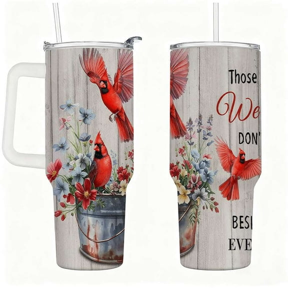 Cardinal Insulated Tumbler with Lid and Straw, Stainless Steel Travel Mug with Handle, Floral Rustic Cardinal Cup, Double Wall Hot Cold Drink Tumbler, Gift for Women & Nature Lovers