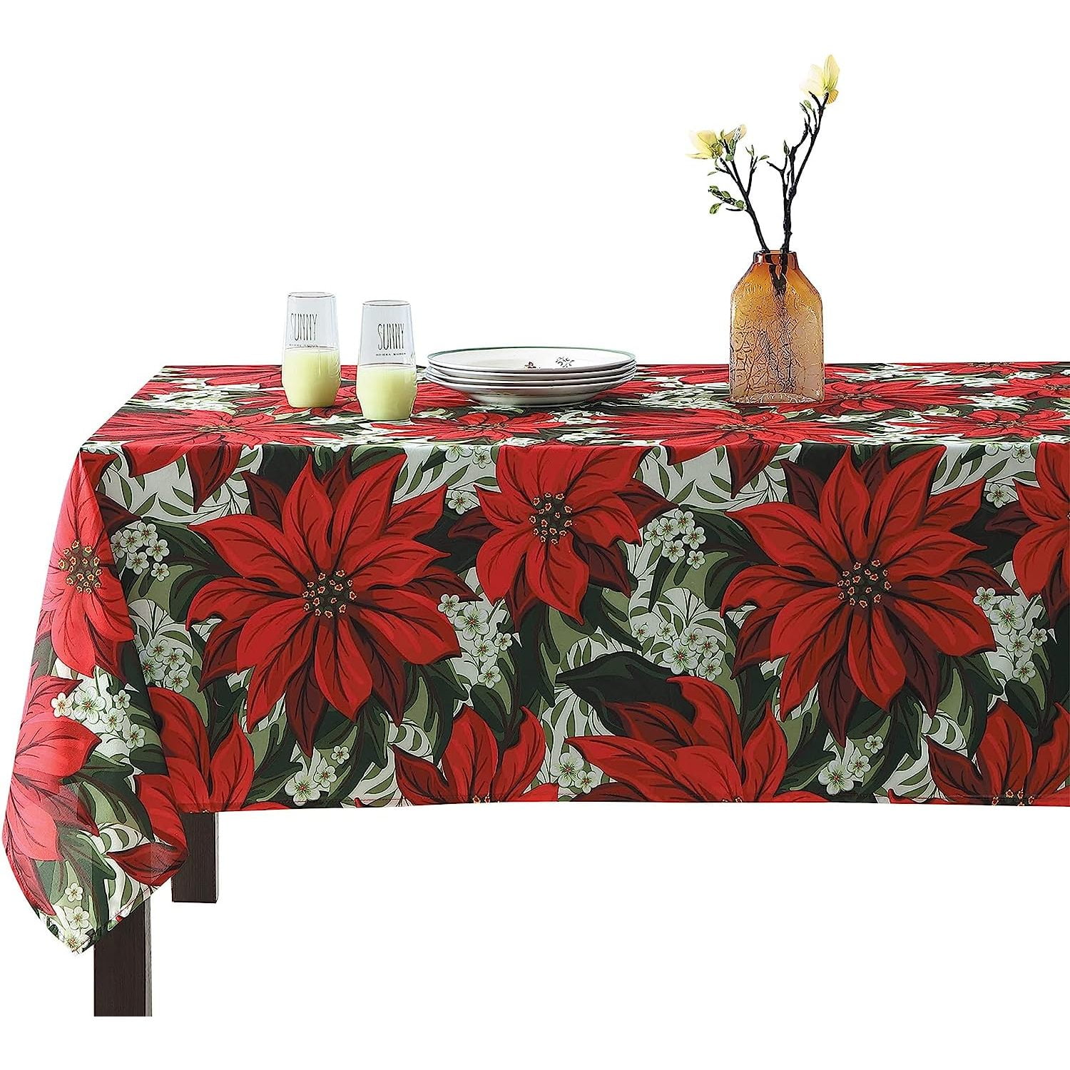 Poinsettia Christmas Fabric Tablecloth Festive Holiday Blooming Floral Design, Red Green White
