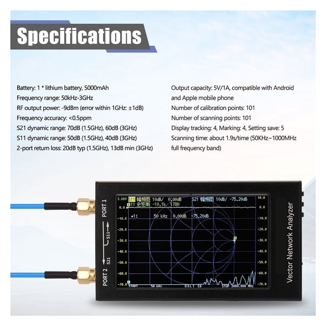 VNA-F V2 LCD Display Vector Network Analyzer 4.3 Inch IPS Spectrum Analyzer S-A-A-2 Antenna Analyzer Short Wave HF VHF UHF ,Multiple Functions