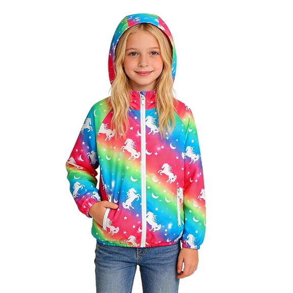 Kiijoy Girls Rain Jacket Lightweight Hooded Windbreaker Zip-Up Outerwear Coat, 9-10 Years