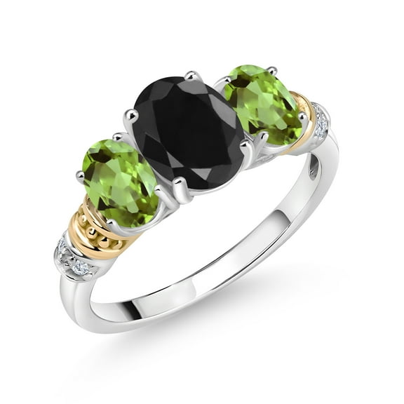 Gem Stone King 925 Sterling Silver and 10K Yellow Gold Oval Black Sapphire Green Peridot and White Diamond 3 Stone Ring for Women (2.69 Cttw, Gemstone September Birthstone, Size 8)