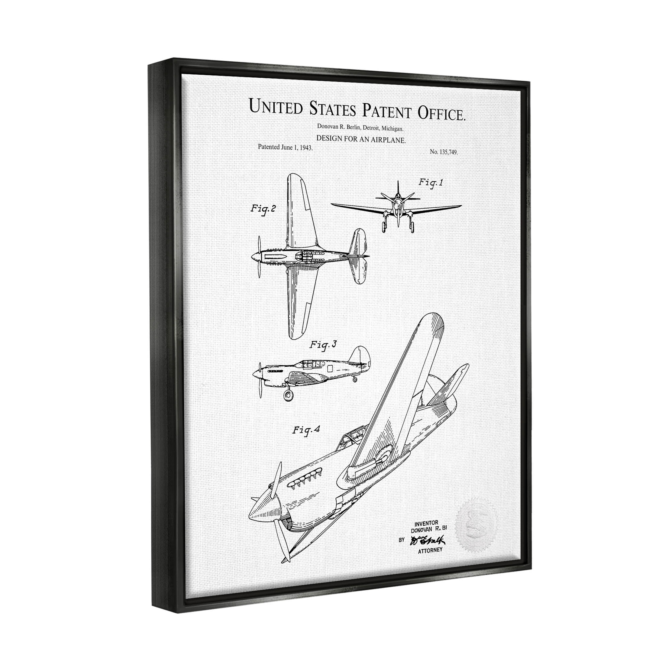 Stupell Industries Detailed Airplane Diagram Graphic Art Jet Black Floating Framed Canvas Print Wall Art, Design by Karl Hronek