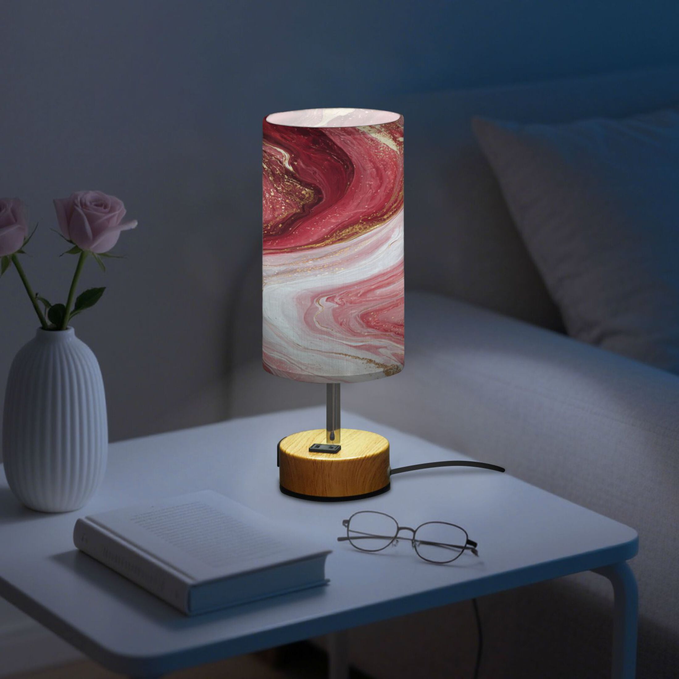 Touch-Control 3-Color Desk Lamp with Plug – Energy-Saving LED + 3 Simultaneous Charging Ports Burgundy Marble Flow