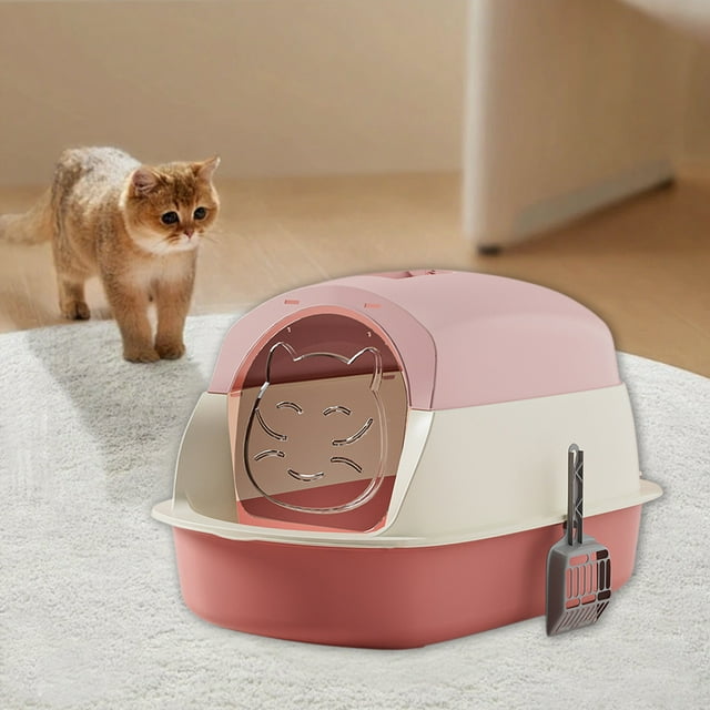 Caja de arena grande para gatos cerrada con tapa y pala, a prueba de salpicaduras, 52 x 38 x 35 cm, verde, rosa, morado y azul Yulucky