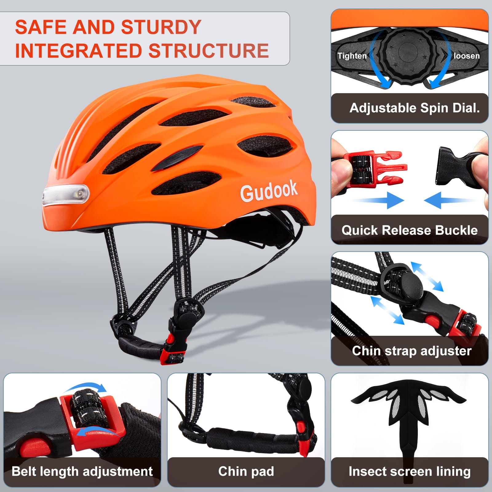 GUDOOK Bike Helmet Adult Bike Helmets for Men/Women:  USB Rechargeable LED Front and Rear Lights for Cycling Urban Commuter Skateboard