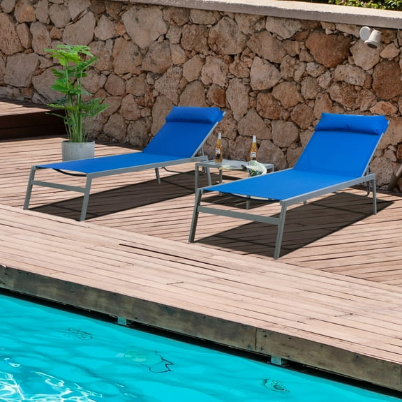 Kozyard Wilson Adjustable EDP Wrought Iron Chaise Lounge (2 Pack, Blue W/Table)