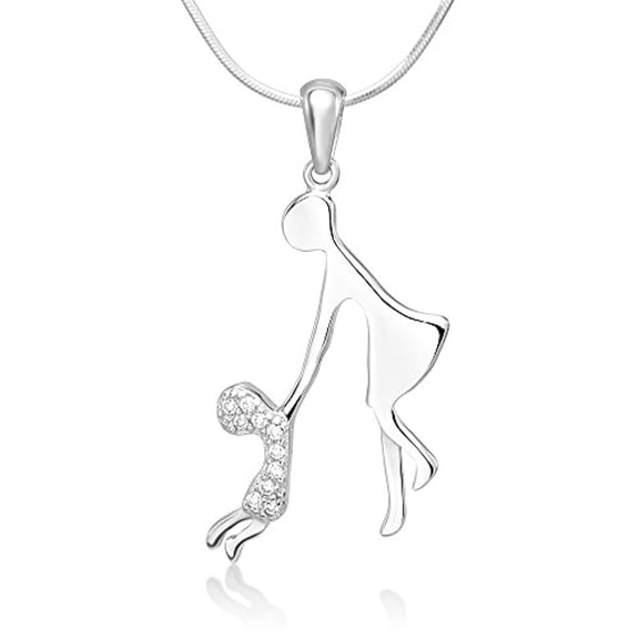 14K White Gold Plated Motherhood Pendant Necklace with crystals (Mother's Day) (Mom, Mother, Mama - Great Gift)