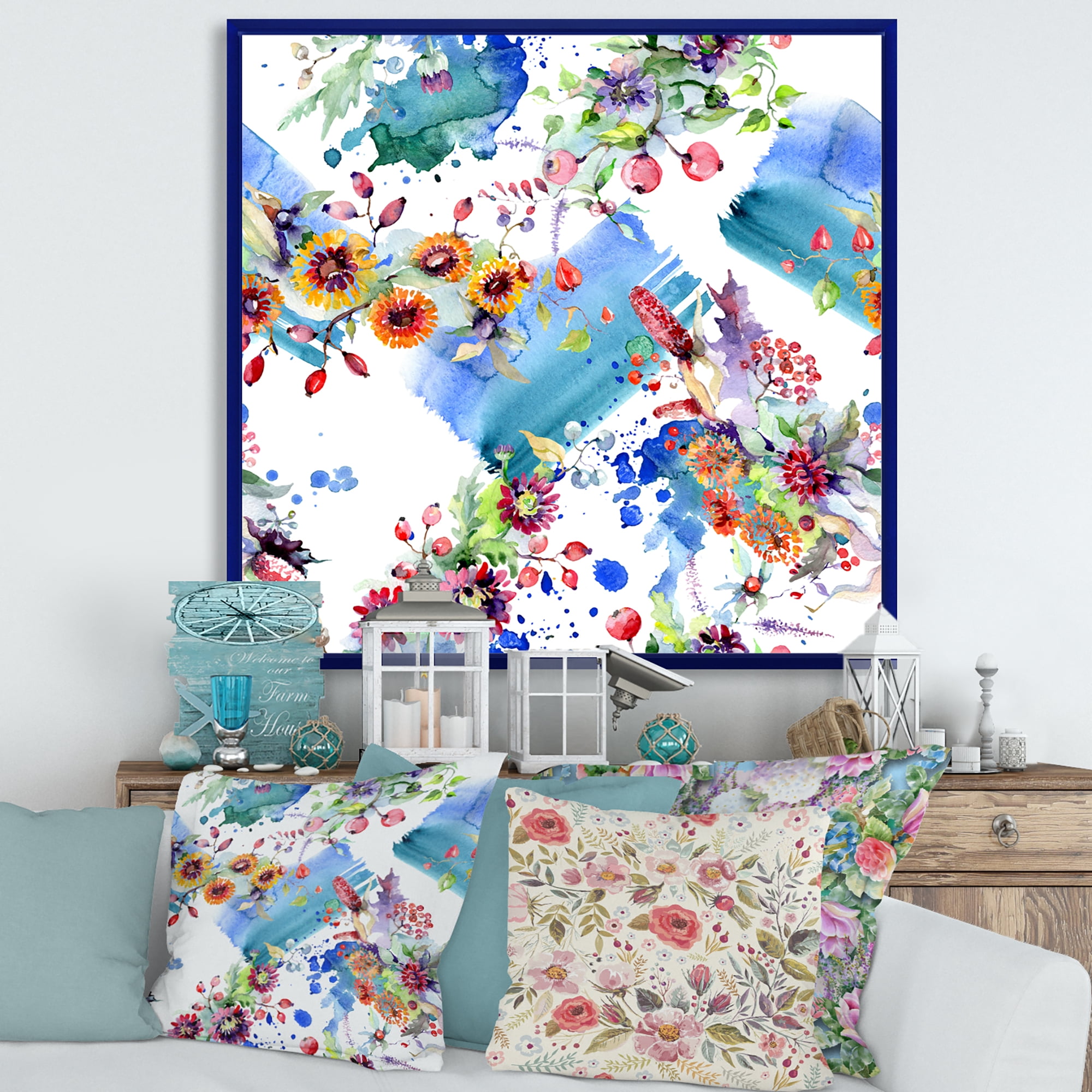 Wildflowers and Vibrant Wild Spring Leaves IX 30 in x 30 in Framed Painting Canvas Art Print, by Designart