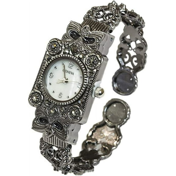 Blekon Collections Quartz Womens Antique Rectangular Case Marcasite Bangle Cuff Watch