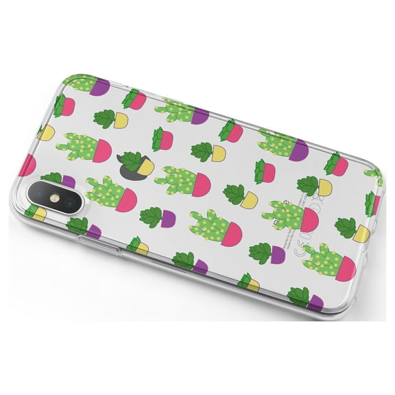 DistinctInk Clear Shockproof Hybrid Case for iPhone X / XS (5.8" Screen) - TPU Bumper, Acrylic Back, Tempered Glass Screen Protector - Succulents / Cacti