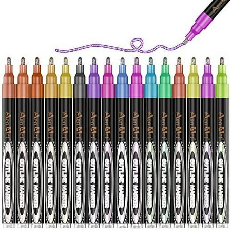 Double Line Markers Outline Pens, Aen Art Squiggles Shimmer Outline Marker Set, 16 Colors Doodle Shimmer Pen for Drawing, Making Card, Craft Project