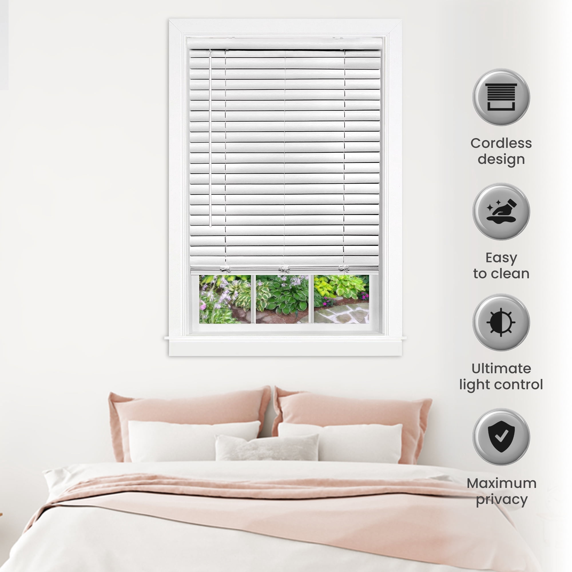 PowerSellerUSA Cordless Window Blinds, 2" Slats Vinyl Mini Blind, Premium Embossed Woodgrain, Anti-UV Window Treatment, White, 43" Width x 64" Length, (Fits windows 23" - 64")