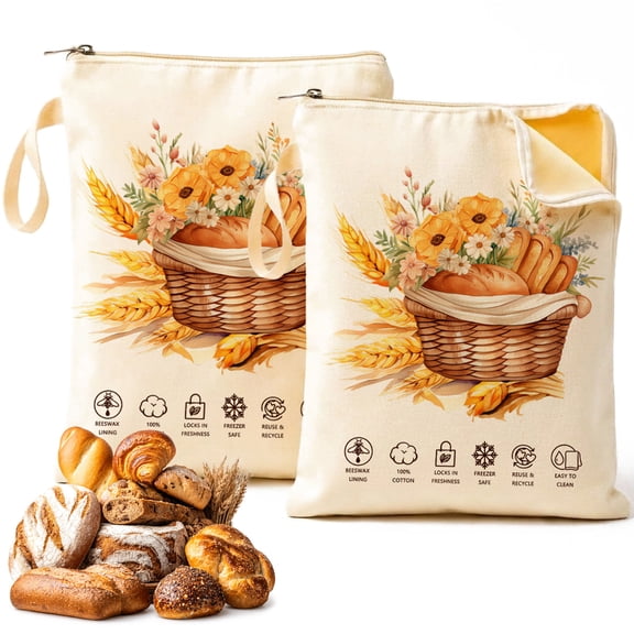 Sitlais Reusable Beeswax Bread Bags, 2-Pack Zippered Linen Bread Storage Bags, 17 x 13 in, Freezer Safe for Homemade & Sourdough Bread