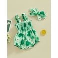thumbnail image 3 of Suealasg Baby Girls Outfits Newborn Romper Sleeveless Pleated Bunny Shamrock Print Bodysuit Jumpsuit + Headband 2Pcs Infant Easter Photoshoot Clothes, 3 of 9