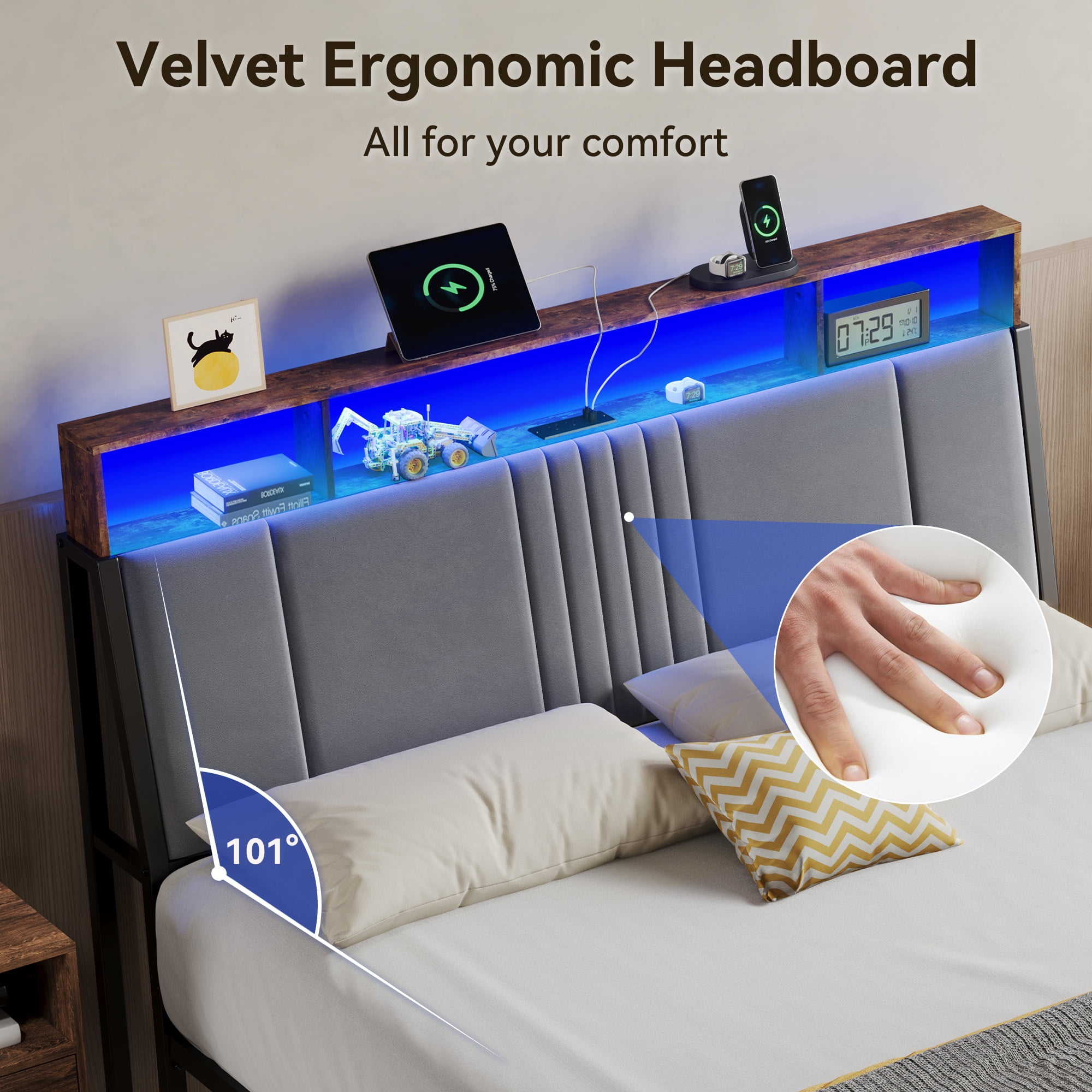 Sailvan Full Size Bed Frame with LED Lights Headboard, Full Bed Frame with Storage & USB Charging, Cushion, Metal Platform Bed Full, No Box Spring Needed, Easy Assembly, Gray