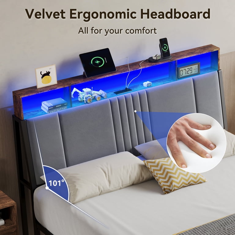 Sailvan Full Size Bed Frame with Storage Headboard & LED Lights, Gray photo 3