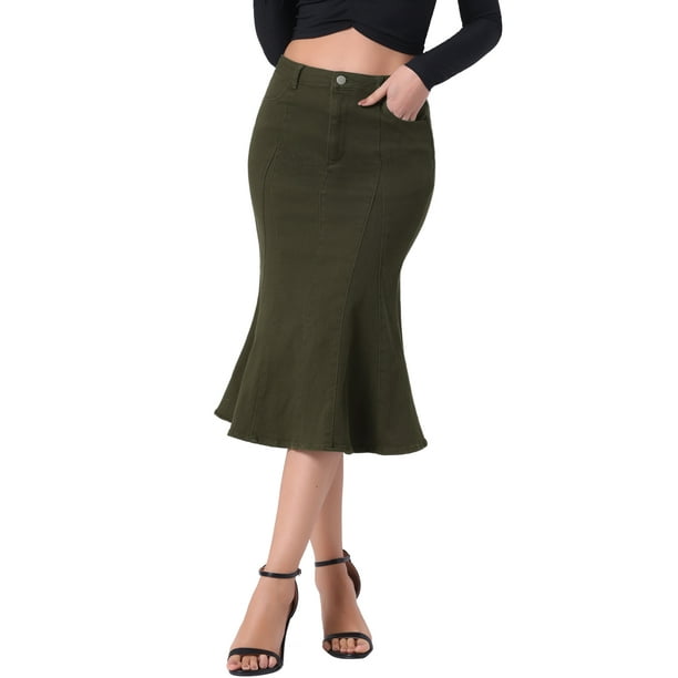 Faldas de mujer Inspire Chic, falda midi de mezclilla de cintura alta con cola de pez en verde ejército
