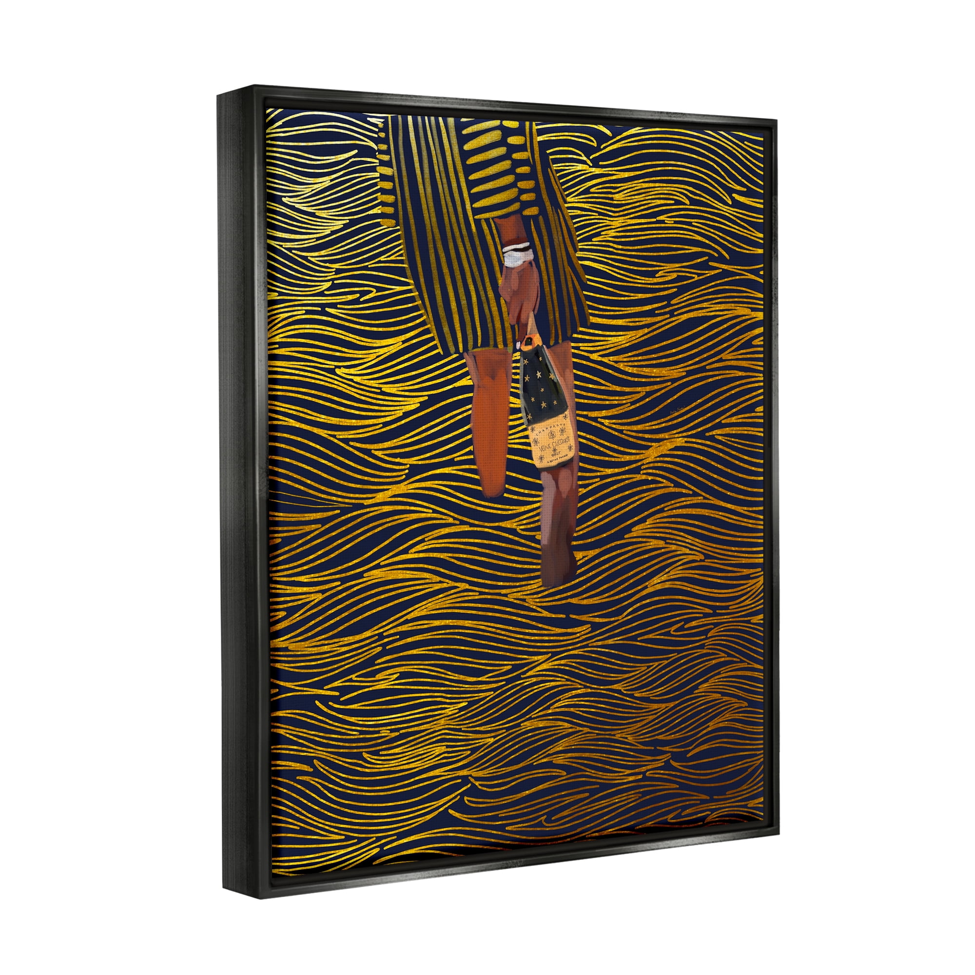 Stupell Industries Patterned Girl with Champagne Food & Beverage Painting Black Floater Framed Canvas Art Print Wall Art, 25 x 31