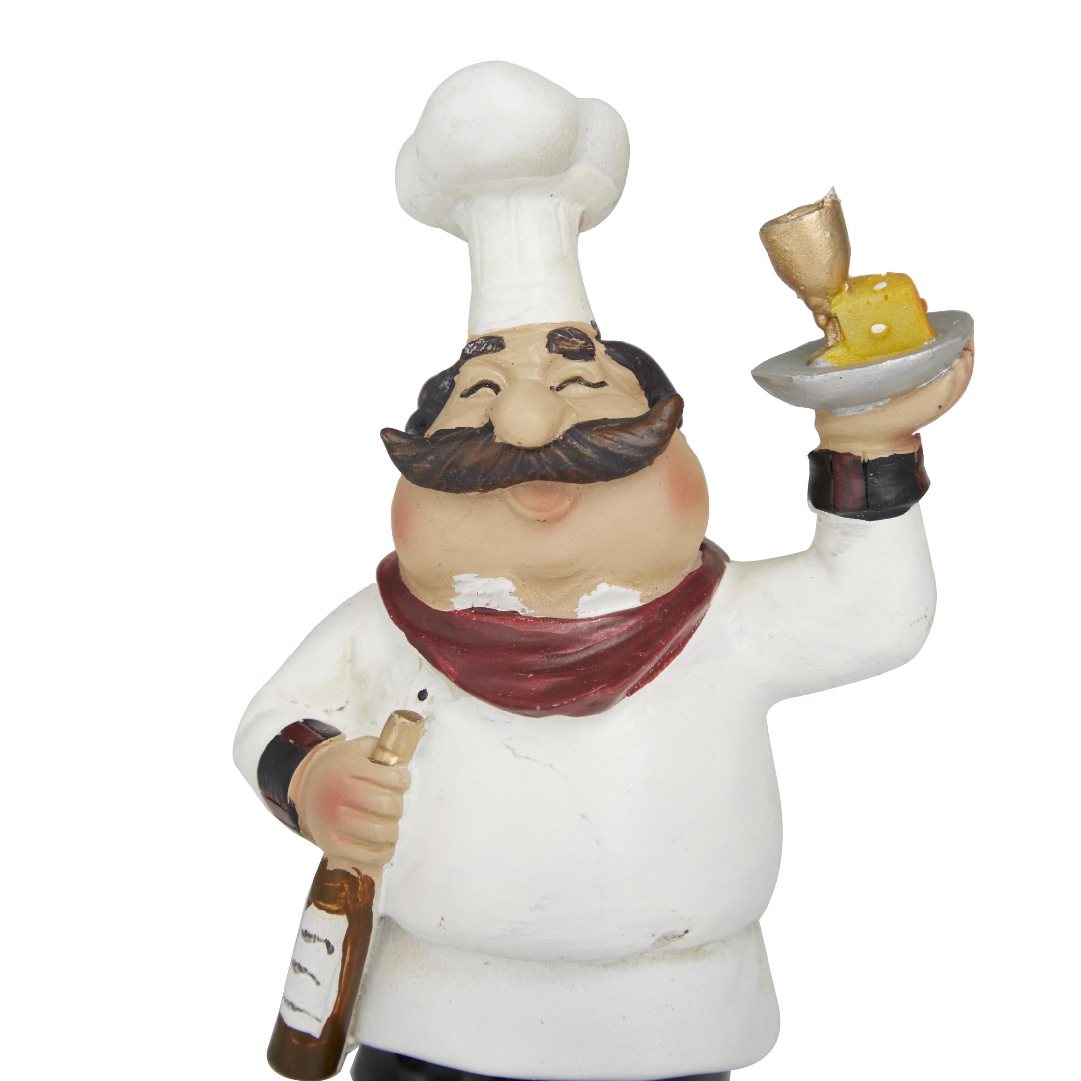 DecMode Polystone Traditional Small-Sized Italian Chef Sculptures 3"W x 5"H, Features a White Chef on a top of a Mason Jar Platform and Two Chefs Hugging Wine Bottles