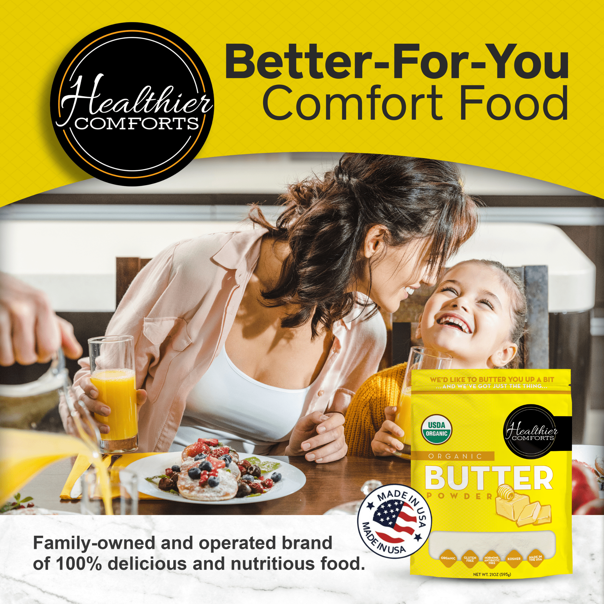 Healthier Comforts Organic Butter Powder 21oz | USDA Certified Organic Dehydrated Unsalted Butter | Kosher, Gluten Free, Non-GMO | Popcorn, Baking, Seasoning