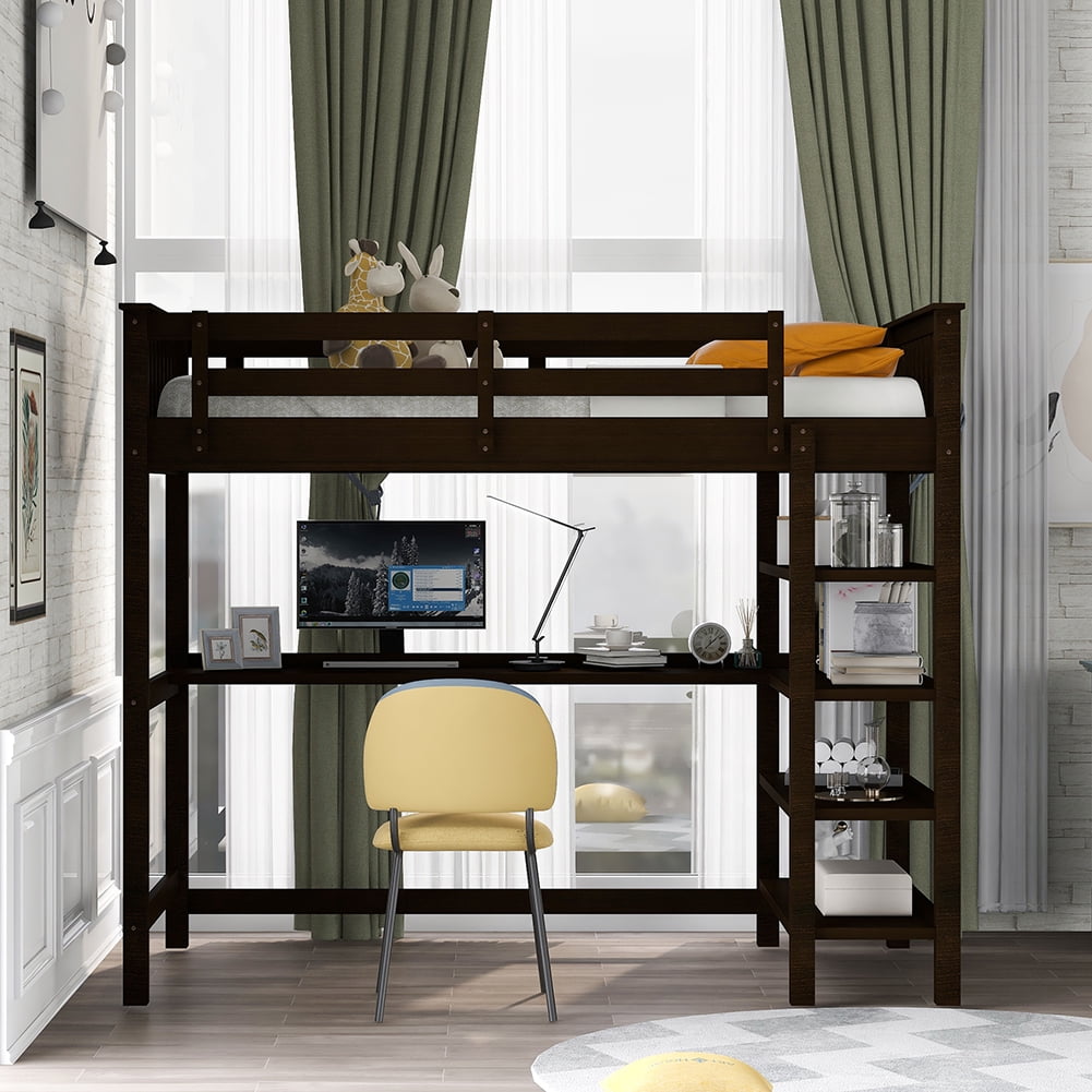 Lowestbest Twin Rubber Wood Loft Bed with Open Storage Shelves and Under-bed Desk, Espresso Lowestbest Twin Rubber Wood Loft Bed with Open Storage Shelves and Under-bed Desk, Espresso