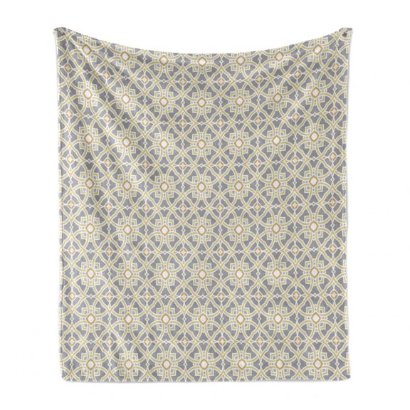 Geometric Soft Flannel Fleece Throw Blanket, Moroccan Floral Azulejos Inspired Squares Circles Artwork, Cozy Plush for Indoor and Outdoor Use, 50" x 70", Taupe Pale Yellow, by Ambesonne