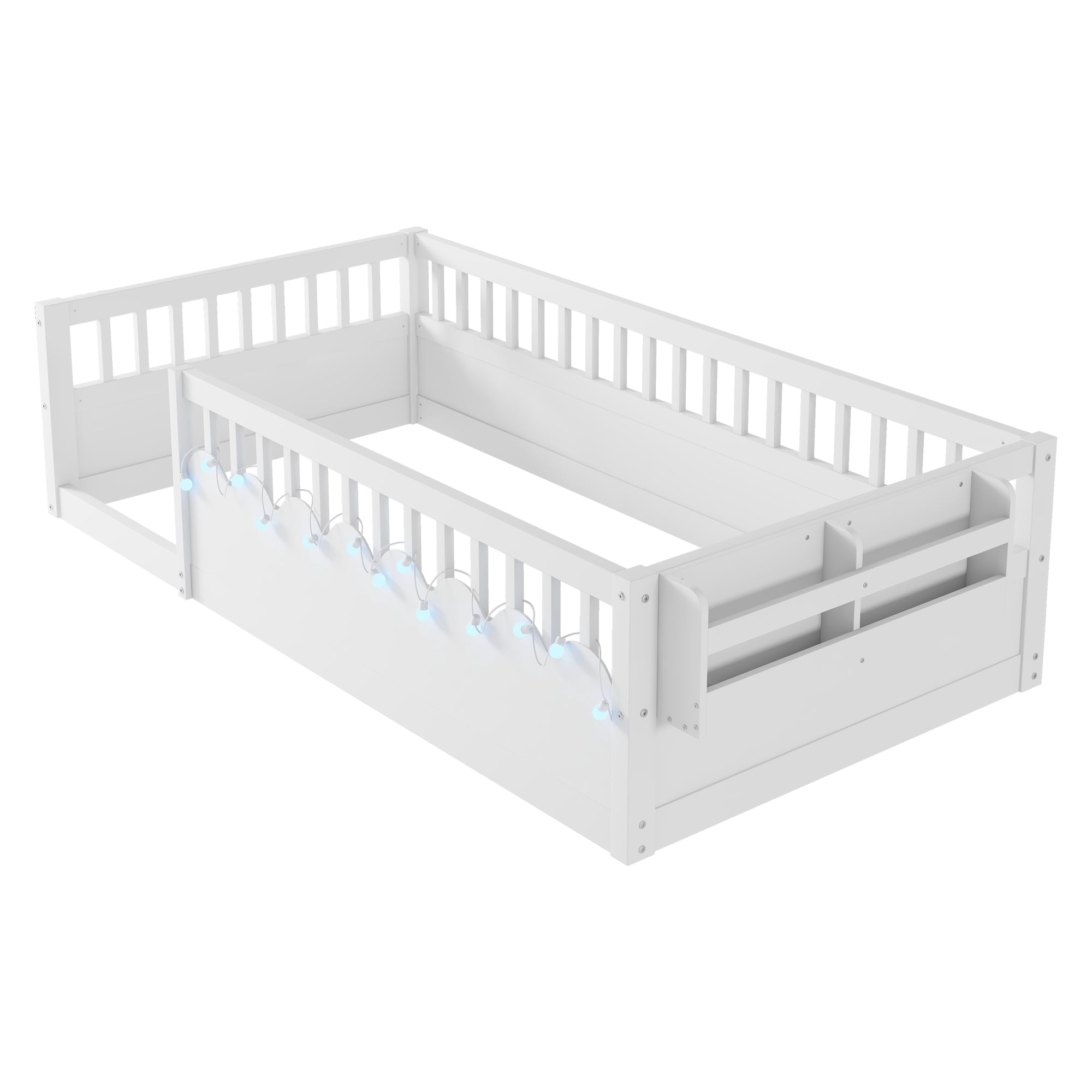 Euroco Wood Twin Size Montessori Floor Bed with Guardrails and LED Light, Kids Bed with Storage Shelves, White