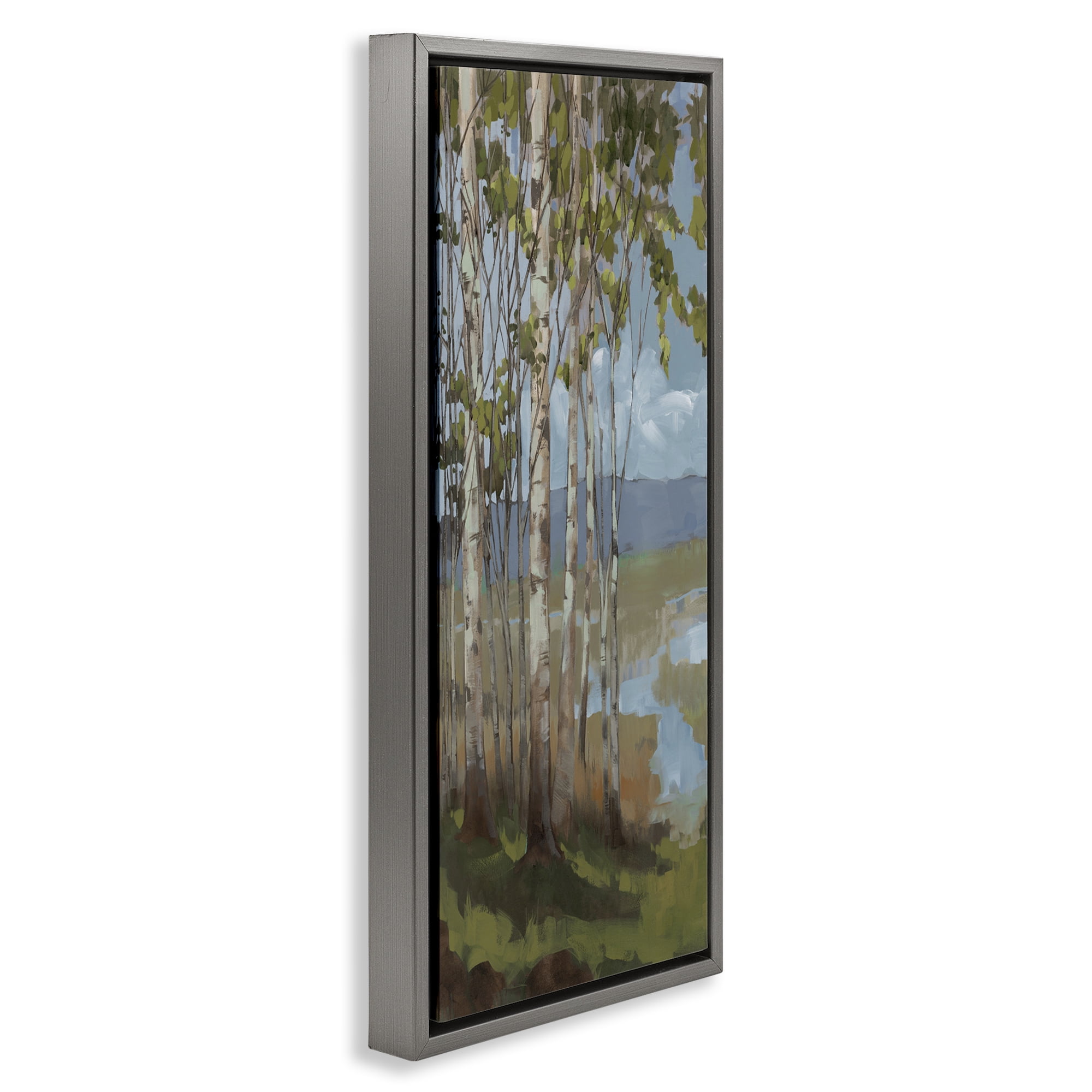 Stupell Industries Rustic Birch Grove Landscape Painting Gray Floater Framed Art Print Wall Art, 11 x 25