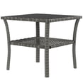 thumbnail image 1 of 20" Outdoor PE Rattan Coffee Table, Two-Tier Wicker Side Table with Tempered Glass Top and Steel Frame, Mixed Grey Square Patio Table for Garden, Balcony, and Backyard Deck, 1 of 7