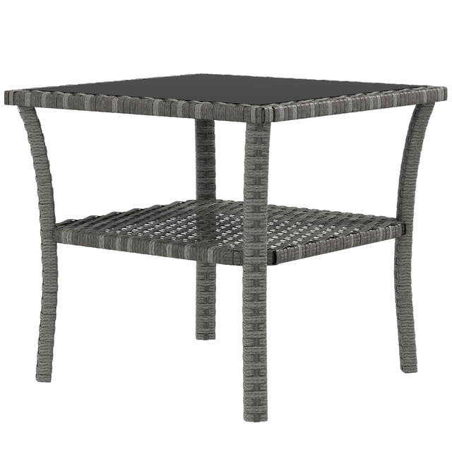 20" Outdoor PE Rattan Coffee Table, Two-Tier Wicker Side Table with Tempered Glass Top and Steel Frame, Mixed Grey Square Patio Table for Garden, Balcony, and Backyard Deck
