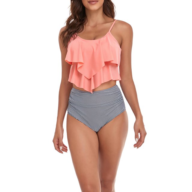 IDALL Tankini Swimsuits Bathing Suit Ladies' Solid Color Paneled Printed Ruffled Swimsuit Swimsuit Set Swim Suits for Women 2024 Womens Swimsuits Pink S