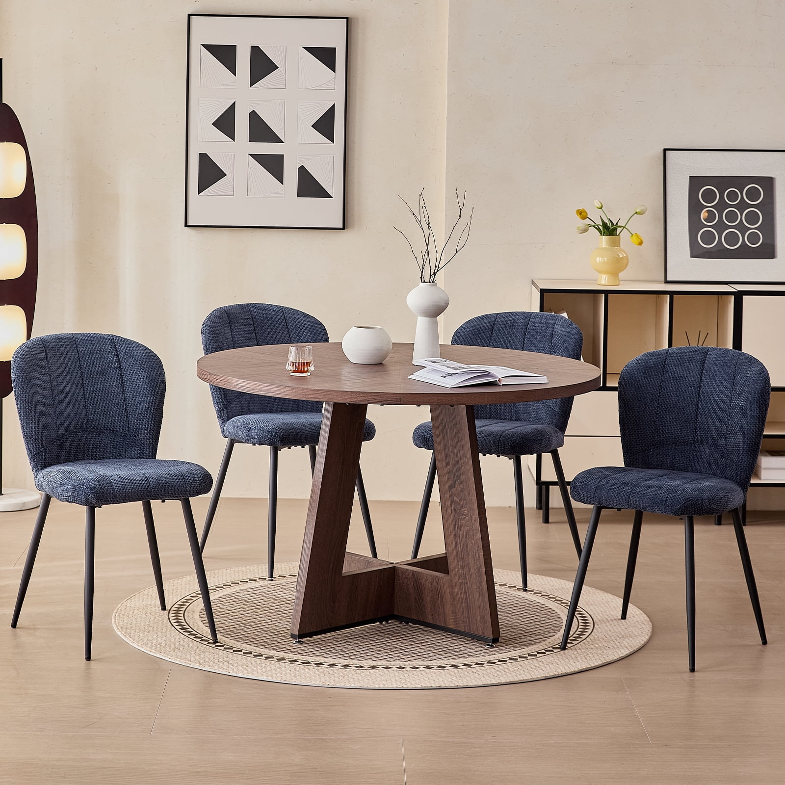 5 Piece 47" Round Dining Room Table Set for 4, [Fanned Base] [1.38" Thick Top] Wood Kitchen Table with 4 Blue Chenille Dining Chairs