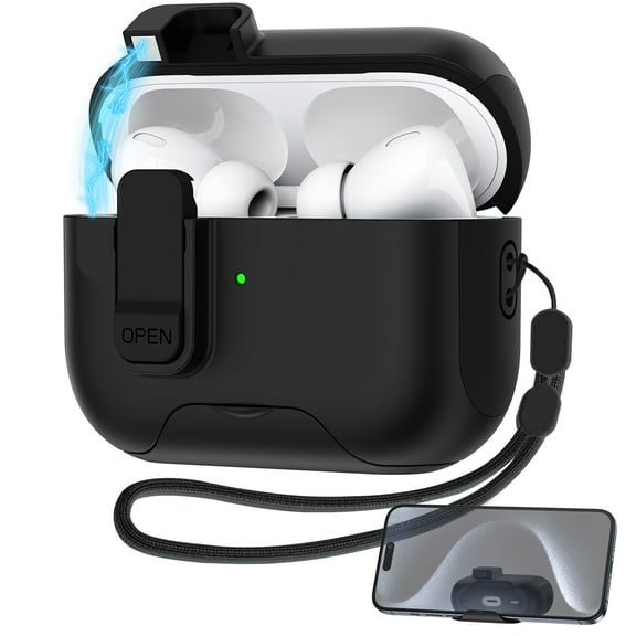 HopePow Compatible With AirPods Pro 2nd Generation/Pro 1st Generation Case Cover Cute Magnetic Lid with Phone Stand Lock& Strap Compatible with AirPods Pro 2 Headphone Case,Black