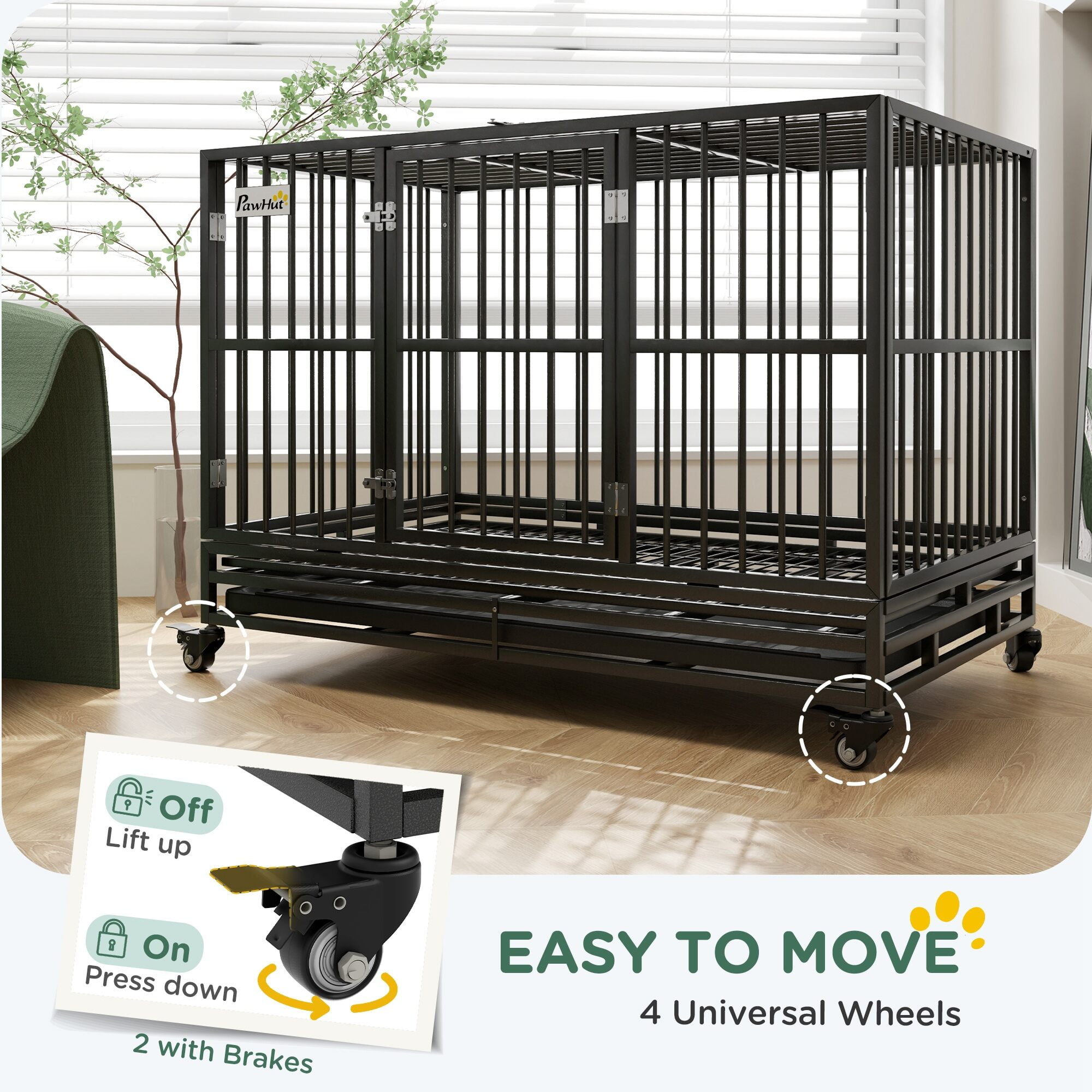 Dog Crate, PawHut 48" Heavy Duty Dog Crate Metal Cage Kennel with Lockable Wheels, Double Door and Removable Tray, Gray, Gray Pet Playpen,Steel Chicken Coop, Pet Supplies Pens & Hutches