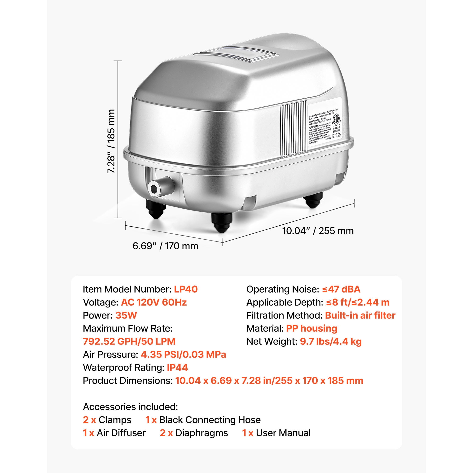 KFFKFF Linear Air Pump with 792.52 GPH Air Flow, Ideal for Aeration in Ponds up to 8 ft Deep, Suitable for Septic Tanks, Aquariums, Waste Management, Seafood Establishments, Fish Farms