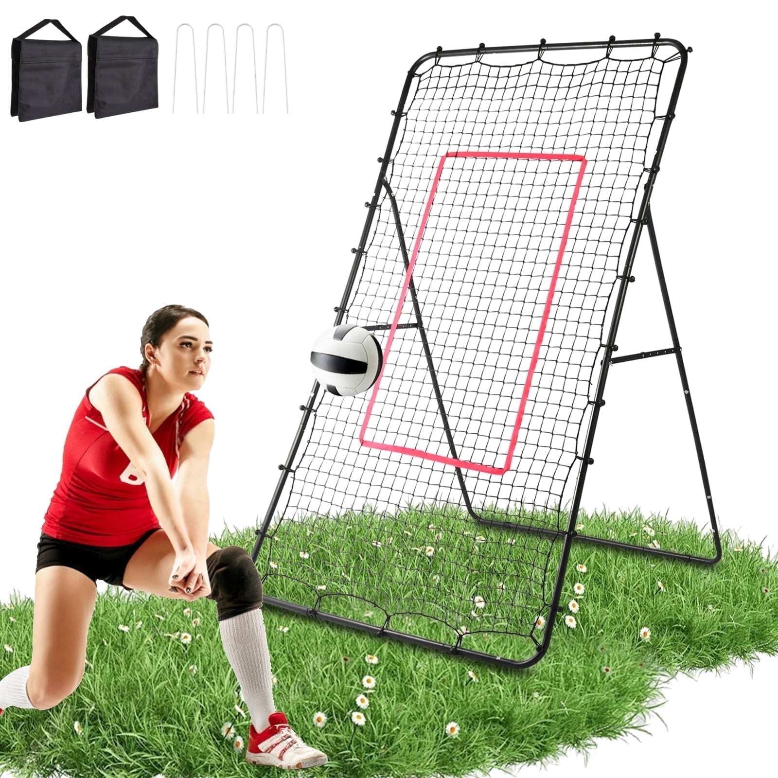 Volleyball Rebounder Net, 7x4ft Baseball Lacrosse Soccer Rebound Pitchback Net, Bounce Back Training Equipment with Angle Customization for Practicing Volleying, Bumping, Spiking