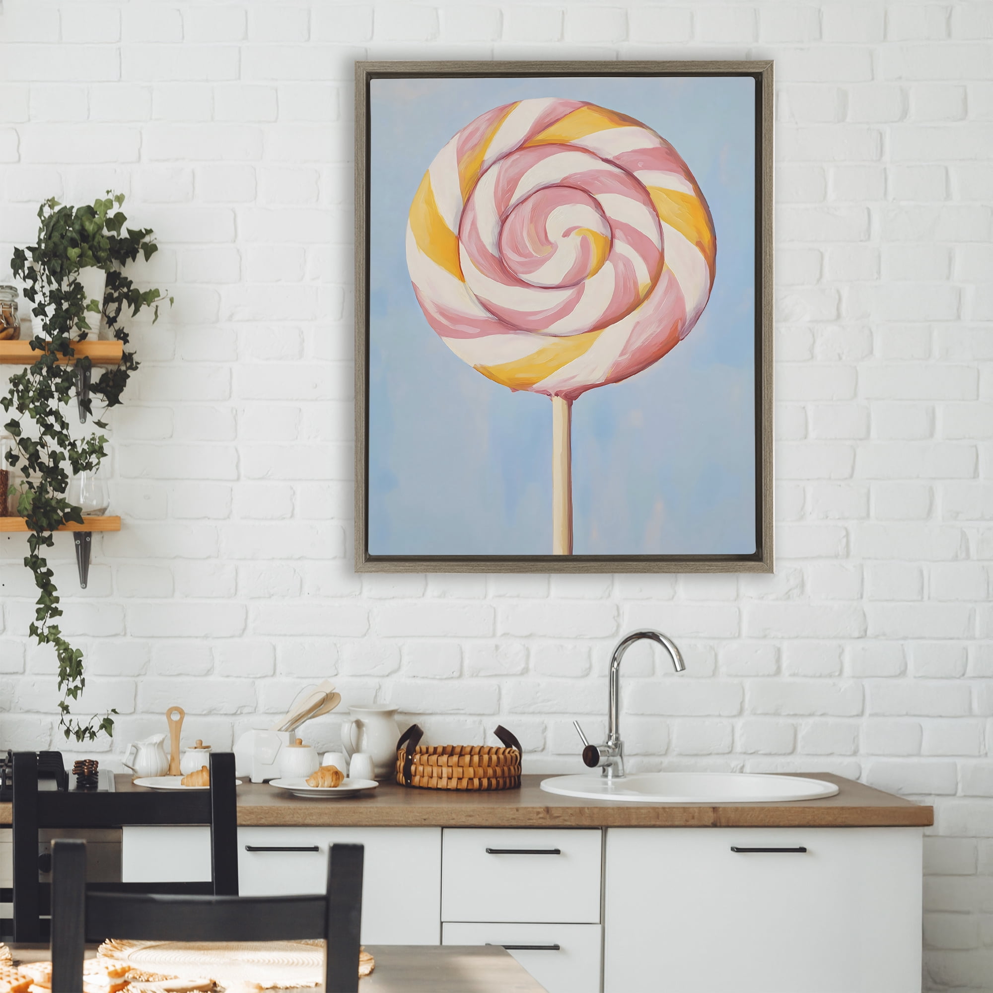 Stupell Industries Lollipop with Pink & Orange Swirl Brown Framed Floater Canvas Wall Art, design by The Prints Vibe