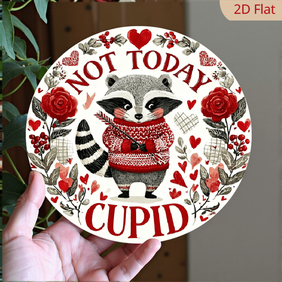 1pc Romantic Hearts Round Aluminum Sign, Funny Raccoon Metal Tin Sign - Playful Design Rustic Metal Wall Art, Valentine's Day 8X8 Round Aluminum Sign, Metal Wall Decor, Wall Decor Signs