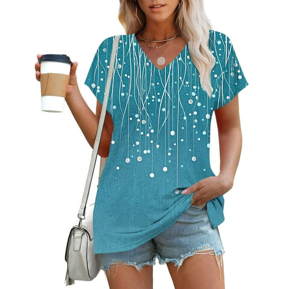 Uaswgudfs ​Women's V-Neck Dot Print Short Sleeve Top: Vertical Pattern & Relaxed Fit for Trendy Casual Summer BlousesBlueL
