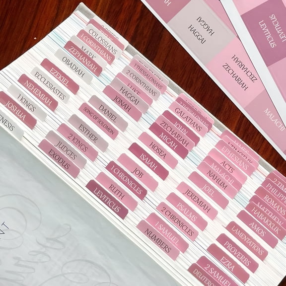 CCOCC Laminated Bible Tabs, Reposition Large Print Stickers, Easy to Read and Apply Bible Tabs for Women and Man (White Pink)