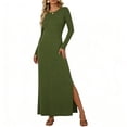 thumbnail image 6 of LIaqionyy Women's Maxi Dress Long Sleeve Casual Solid Color Crew Neck Split Side Summer Dresses Clothes, 6 of 8