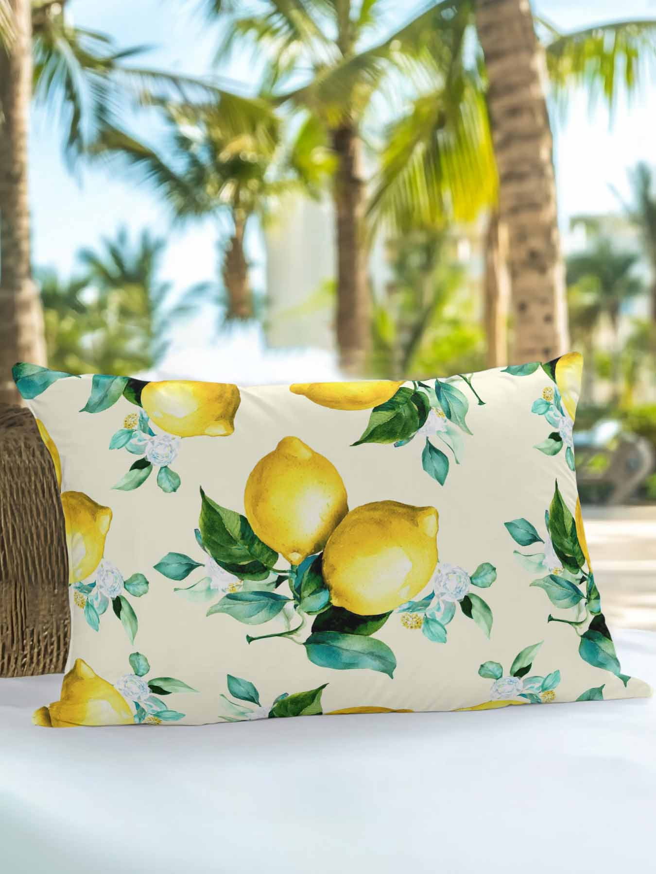 1 Pack Outdoor Throw Pillow, Yellow Lemon Waterproof Pillow with Insert Included, Watercolor Green Leaves Fruits Branches Retro Decorative Accent Cushion Lumbar Pillows for Patio Porch, 12 x 20 In