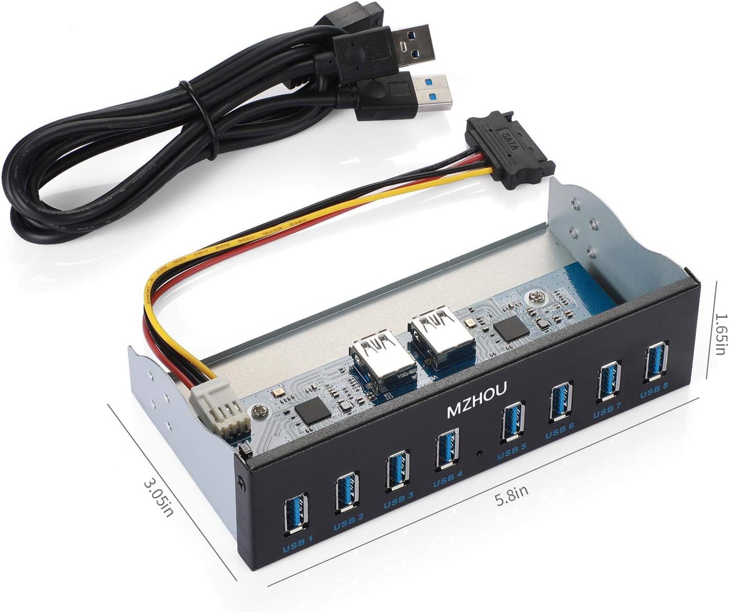 MZHOU 8-Port USB 3.0 Front Panel Hub Expansion Card - with 19-Pin & SATA Cables, 5 Mounting Screws - Compatible with Windows XP/7/8/10 & Linux - Desktop PC Internal USB Hub for Case Expansion