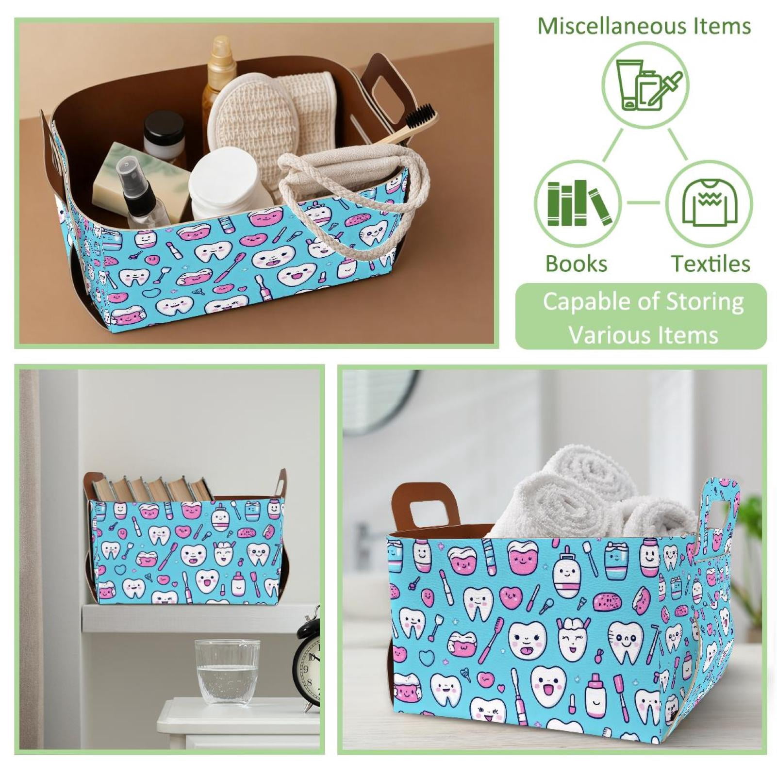 Cartoon Toothbrush Teeth Storage Basket Collapsible Storage Bin, PU Foldable Basket Convenient Box Storage Organizer with Handles for Shelves Office Bedroom Closet Nursery Toys Laundry