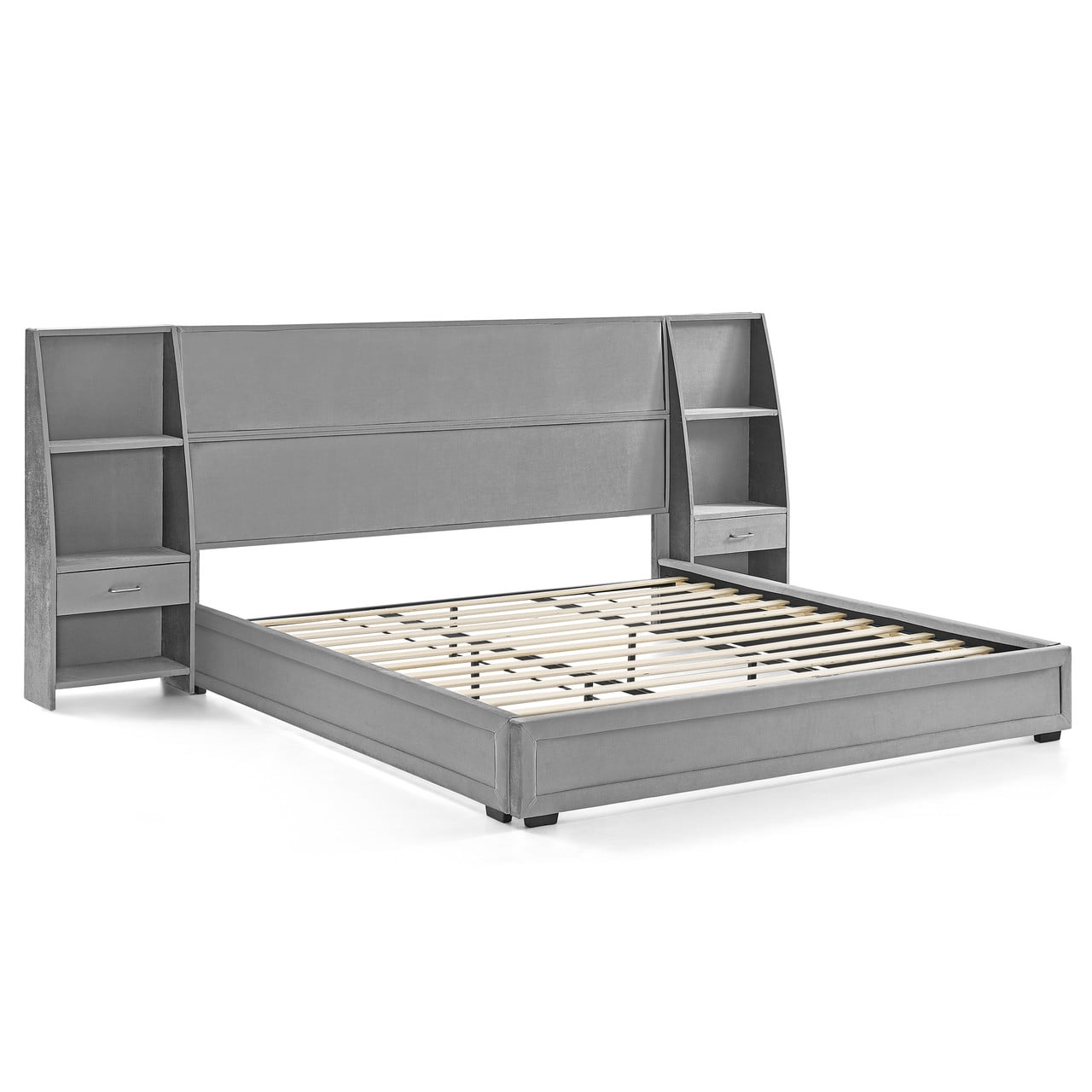Queen/King Size Modern Upholstered Platform Bed Frame, Velvet Storage Bed with Headboard, Side Bookcases & Drawers Nightstand