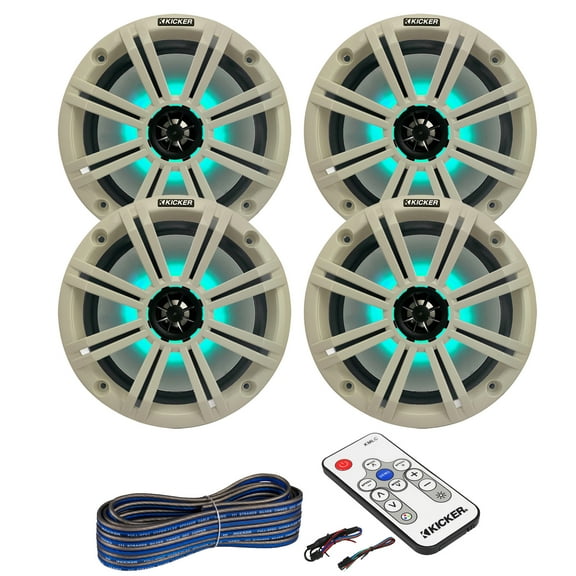 2 Pair (QTY 4) of Kicker 8" 2-Way 300 Watts Max Power Coaxial Marine Audio MultiColor LED Speakers with White Grilles, LED Speaker Remote Control, 50-Feet 16-Gauge Speaker Wire